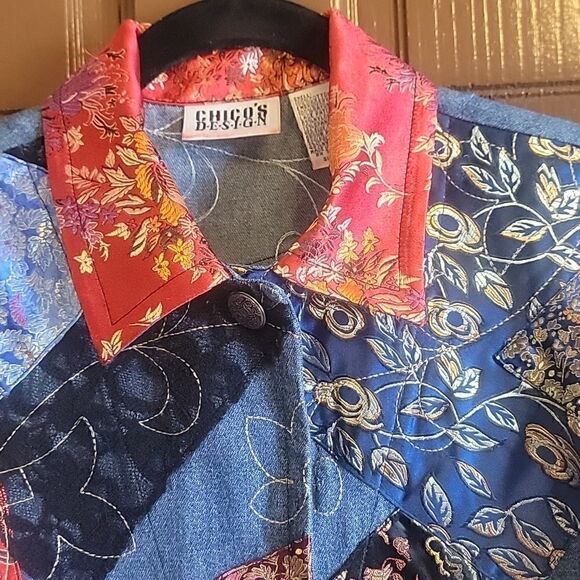 Chico's-Denim patched jacket with red & royal colors, buttoned down front S=6 . - Picture 6 of 10